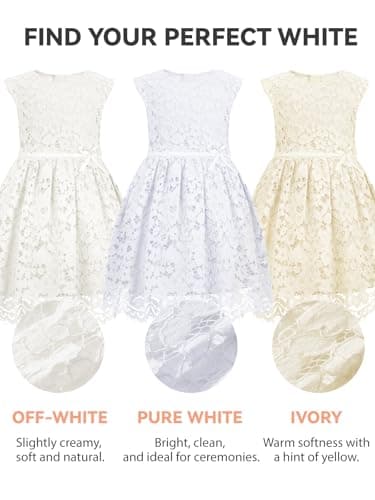 ALLOVIN Girls & Toddlers Sleeveless A-Line Lace Party Dress Birthday Wedding & Flower Girl Dress with Beaded Bowknot | Off-White | 11-12Y - Thumbnail 5