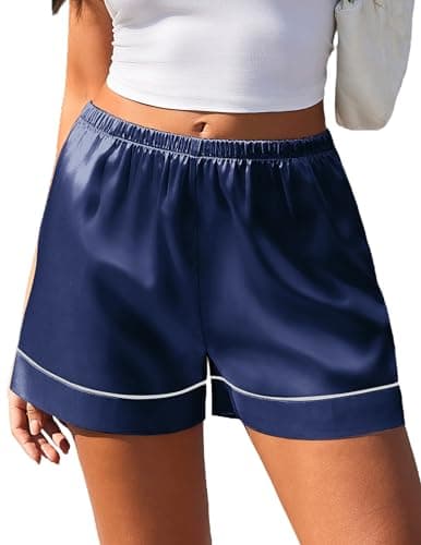 Ekouaer Satin Silk Shorts for Women 2026 Casual Summer Elastic Waist Lounge Pajama Pj Bottoms with Pockets, Navy L - Image 1