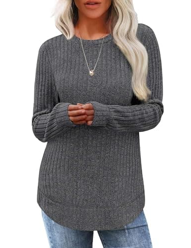 JUSTFASHIONNOW Tunic Sweaters for Women for Leggings Long Sleeve Tops Crew Neck Shirts Lightweight Tunic Sweaters Fashion 2025 (Deep Grey, Large) - Thumbnail 2