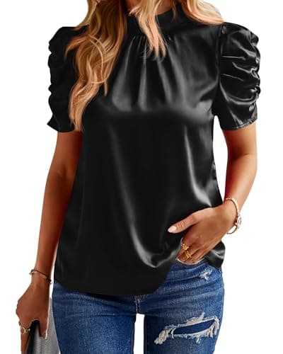 BTFBM Womens Tops 2026 Dressy Casual Blouses Summer Spring Clothes Mock Neck Short Sleeve Shirts Business Work Fall Outfits(Solid Black, XX-Large) - Image 1