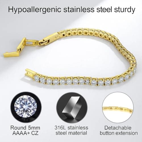 Tennis Bracelet for Women Men, 14K Gold Plated Round 5mm AAAA+ Cubic Zirconia CZ Dainty Classic Adjustable Stainless Steel Bracelets Festival Wedding Jewelry Gift (Gold, CZ 5mm) - Thumbnail 4