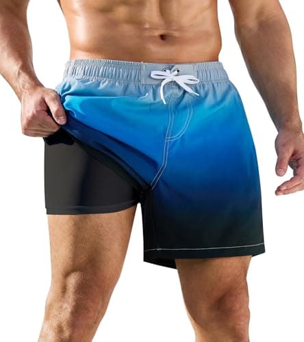 SILKWORLD Men Swimming Trunks Quick Dry Bathing Suit Swim Shorts with Zipper Pockets, Dark Blue Grey Gradient, Small - Image 1