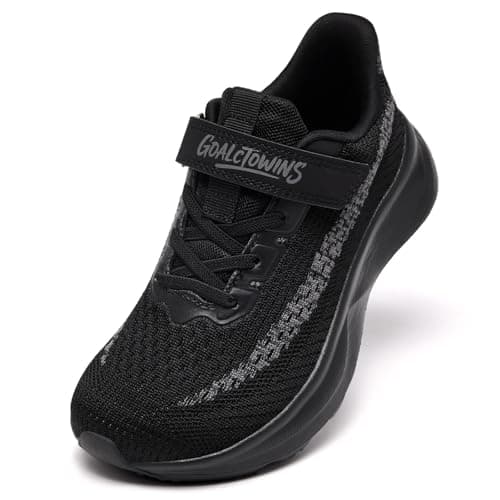 GOALCTOWINS Wide Toe Box Shoes for Boys Girls,Non-Slip Walking Running Shoes with Hook and Loop for Little & Big Kids,Breathable Athletic Tennis Sneakers Size 5 Black - Image 1