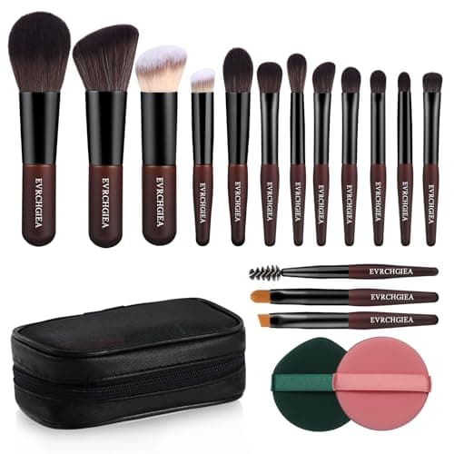 Travel Makeup Brush Set, 15 pcs Mini Makeup Brushes and 2 Puff for Foundation, Powder, Eyeshadow, Highlight, Contour, Blush & Concealer, Small Makeup Brush Set Purse Size with Case (black and brown) - Image 1