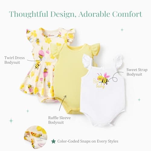 PATPAT Baby Girl Bodysuits 3 Pack – Organic Rayon Viscose for Bamboo Blend Infant Summer Rompers, Soft Breathable Outfits, Baby Clothing Essentials Registry Gift Newborn Infant Yellow-Bee 6-9 Months - Thumbnail 5