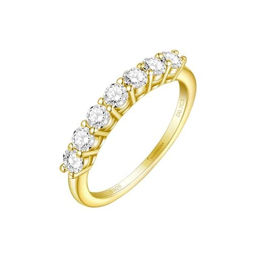 SILVERNANA 0.7ct 7-Stone Moissanite Wedding Band for Women Yellow Gold Plated Sterling Silver Half Eternity Stackable Ring, Promise Band for Her Size 6.5