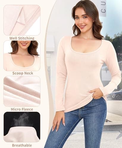Ganado Long Sleeve Shirts for Women Scoop Neck Thermal Shirt Plain Basic Tops Fitted Layering Undershirts (Beige, XX-Large) - Thumbnail 5