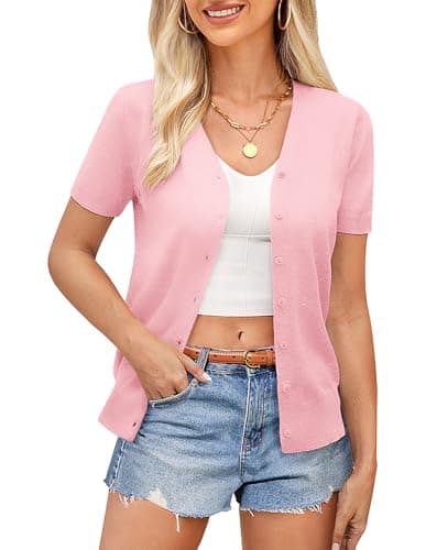 GRACE KARIN Womens Lightweight Summer Cropped Cardigan Business Casual Short Sleeve Cardigan Sweaters for Women Fashion Clothing (Pink,M) - Image 1