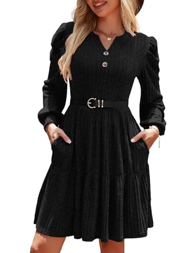 UEAL Black Long Sleeve Sweater Dress for Women Casual Short Button Down Dress Small Black - Image 1