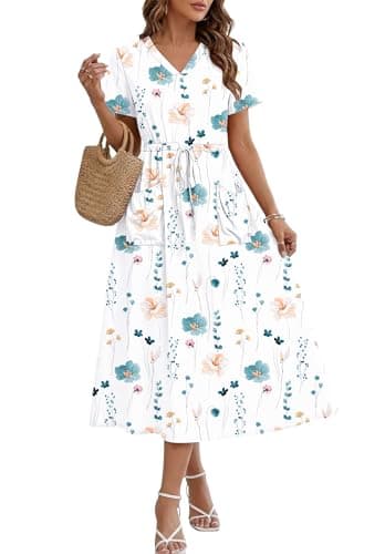 MOLERANI Women Summer Maxi Dress Casual Drawstring Long Dresses Vacation A-Line Dress with Pockets, Elegant Flowers, S - Image 1