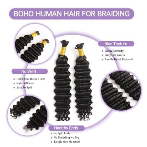YWIGS Deep Wave Bulk Human Hair for Braiding Boho Knotless Braids Human Hair 100 Percent Human Braiding Hair 100G NC 20inch - Thumbnail 3