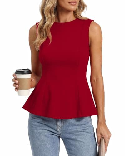 BTFBM Womens Summer Tops 2026 Business Casual Outfits Crew Neck Sleeveless Shirts Slim Fit Peplum Tank Top(Red, Medium) - Image 1