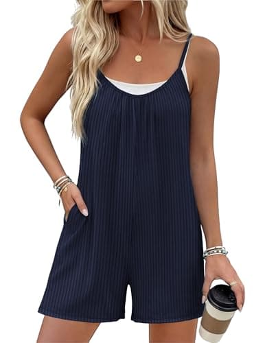 Ekouaer Womens Summer Casual Rompers 2026 Loose Sleeveless Overalls Adjustable Shorts Jumpsuits with Pockets Outfits Navy Blue Medium - Image 1