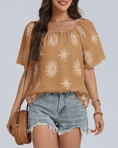 IEEILULU Boho Tops for Women Floral Print Square Neck Loose Fit Blouses Tunic Casual Beach Vacation Shirts Yellow White XL - Thumbnail 4