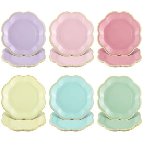 NatNarr 60 Pcs Pastel Paper Plates, 7 Inch Pastel Plates with Gold Edge Scalloped Party Plate Disposable Easter Dessert Plate for Wedding Birthday Baby Shower Bridal Party Supplies - Image 1