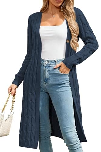 Cakulo Womens Long Cardigans Cable Knit Chunky Cardigan Sweaters Open Front Fall Winter Fashion Outfits Coats 2025 Navy M - Image 1