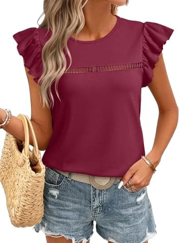 JUSTFASHIONNOW Short Sleeve Red Shirts for Women Ruffle Blouses Dressy Cute Summer Tops Hollow Out Crewneck Tshirts Fashion Clothes(Wine Red,Small) - Image 1