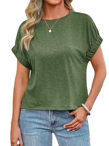 Tankaneo Womens Short Cap Sleeve Tops Oversized Summer Casual T Shirts Crew Neck Loose Fit Boxy Basic Tees Army Green - Image 1