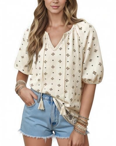 Summer Womens Spring Tops for Women Casual V Neck Half Short Sleeve Boho Blouses Shirts Flowy Vacation Clothes Beige 2XL - Image 1