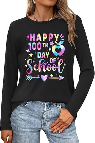 100 Days of School Shirt Teacher Happy 100th Day of School Long Sleeve Teacher Shirts for Women School Days Gifts Tee Tops Black - Image 1