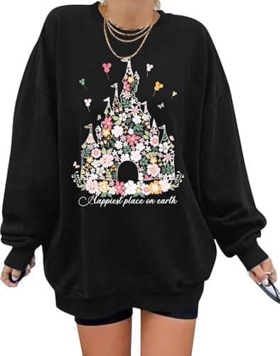 AMWIPE Magic Kingdom Sweatshirts For Women Oversized Magical Shirt Cute Vacation Tees Girls Castle Graphic Long Sleeve Tops Dark Grey - Image 1