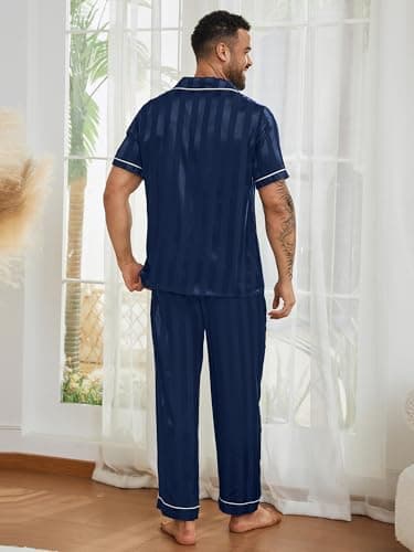 DEARCASE Mens Satin Silky Pajama Set Navy Blue Stripe Medium Short Sleeve Soft Sleepwear Button Down Loungewear Long Pants with Pockets and Drawstring - Thumbnail 2