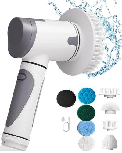 Wildley Electric Spin Scrubber,Power Scrubber Dual Speeds Cordless Shower Scrub Brush with Handle,Cleaning Brush with IPX7 Waterproof,8 Brush Heads for Kitchen,Tile,Tub (Short Purple) - Image 1