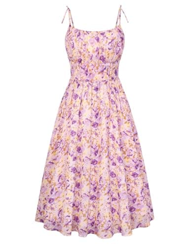 Belle Poque Purple Floral Dress for Women Spaghetti Strap Midi Sundress 2026 Summer Spring A line Casual Cute Dresses M - Image 1