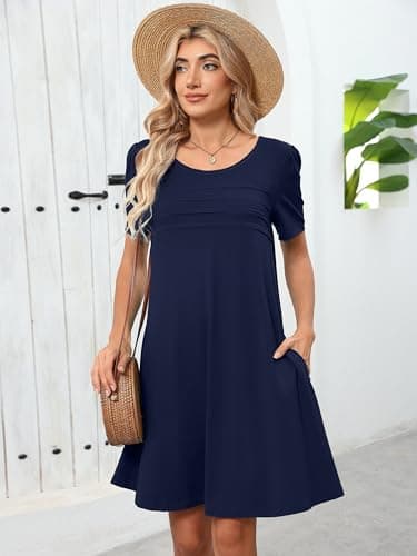 Heymoments Women Short Sleeve Dress Plus Size Navy Blue X-Large Crewneck Casual Flowy Above Knee Length Sundress Comfortable Shirt Work Summer Vacation Cheap Dresses with Pockets - Thumbnail 2