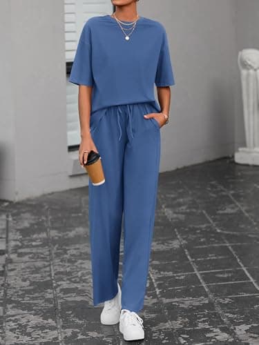 BTFBM Summer Outfits For Women 2026 Two Piece Sets Casual Short Sleeve Spring Tops Wide Leg Pants Matching Lounge Set(Blue, X-Large) - Thumbnail 2