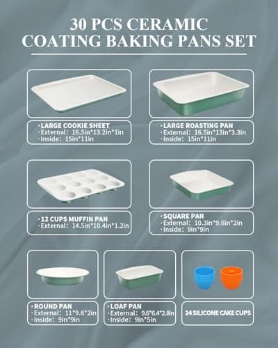 Ymiton Ceramic Nonstick Baking Pans Set, Non Toxic 30 PCS Stackable Bakeware Sets, 550°F Oven Safe Baking Sheet & Pans, Warp-Free, Dishwasher Safe, PTFE/PFOA/PFOS-Free (Green) - Thumbnail 3