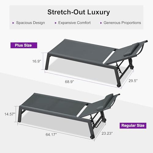 PURPLE LEAF Outdoor Oversized Lounge Chair Set of 3 Patio Chaise Pool Lounger Aluminum Frame with Side Table and Wheels for Outside Sunbathing Tanning Recliner Including Pillows Gray - Thumbnail 4