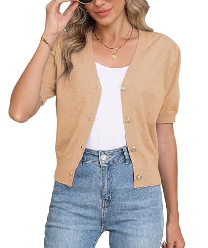 COSSEN Cardigan for Women Trendy Dressy Apricot XX-Large V Neck Bolero Crop Coat Crochet Button Down Short Sleeve Short Tops Open Front Lightweight Jacket Summer Knit Cropped Shrug for Dress - Image 1