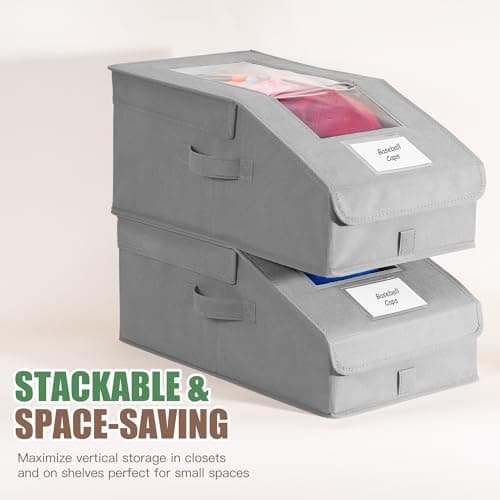 Stowsia Hat Organizer for Baseball Caps, 2 Pack Stackable Hat Storage Boxes with Clear Window, Holds up to 28 Caps, Foldable Hat Organizer for Closet & Shelf, Grey - Thumbnail 6