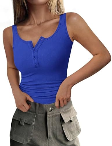 PRETTYGARDEN Womens 2026 Summer Tank Tops Ribbed Knit Slim Fit Sleeveless Henley Shirts Casual Basic Button Up Blouse (Royal Blue,Large) - Image 1