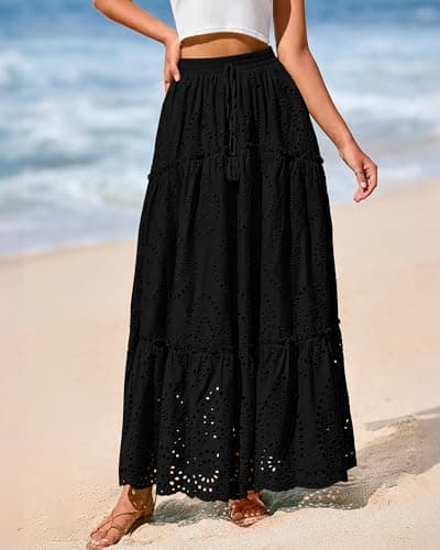 BTFBM Boho Long Skirts for Women Spring Summer 2026 Lace Embroidery High Waist Flowy Tiered Maxi Skirt Beach Vacation(Black, Small) - Thumbnail 4