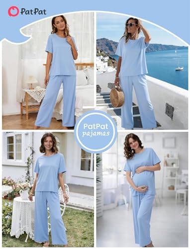PATPAT Lounge Sets for Women Short Sleeve Pajama Set Soft Comfy Elastic Pjs 2 Piece Loungewear Outfits with Pockets Light Blue, XL - Thumbnail 5