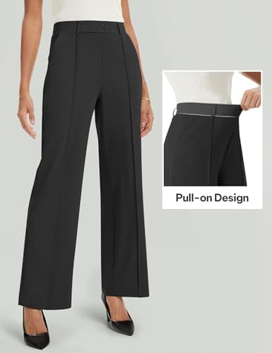 AVAMO Wide Leg Dress Pants for Women Pull On Stretchy Work Pants with Pockets High Elastic Waist Office Business Black - Thumbnail 4