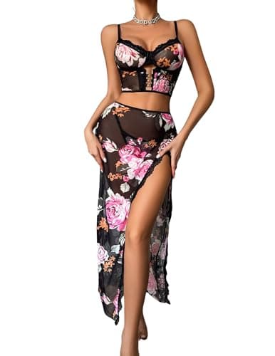 Avidlove Lingerie for Women 3 Pieces Set - Lace Long Nightgown with Side Split, Sexy Chemise for Bridal & Valentine's Day - Image 1