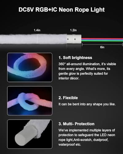 Lustrinex LED Neon Rope Lights, 10ft RGBIC 360° Luminous 5v USB Bluetooth APP Control Music Sync IR Remote Color Changing Smart LED Strip Lights for Bedroom Gaming Party Decor - Thumbnail 6