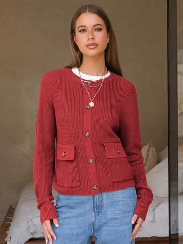 EXLURA Womens 2025 Knit Cardigan Sweaters Spring Fall Crewneck Open Front Button Jacket Fashion Outerwear Coats with Pockets Wine Red - Thumbnail 4