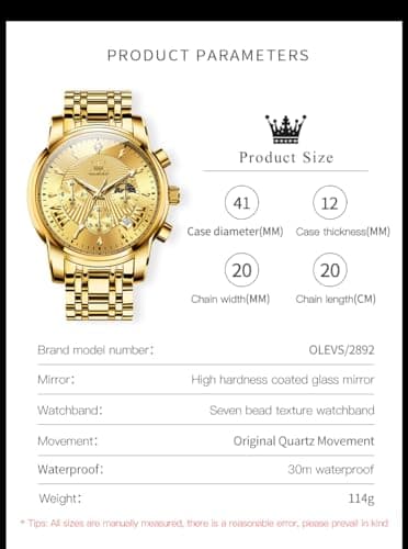 OLEVS Watch Men Gold Watches for Men Luxury Mens Watches Dress Wrist Watch for Man Wateproof Analog Quartz Stainless Steel Large Face Chronograph Moon Phase Date Luminous Golden Reloj para Hombre - Thumbnail 6