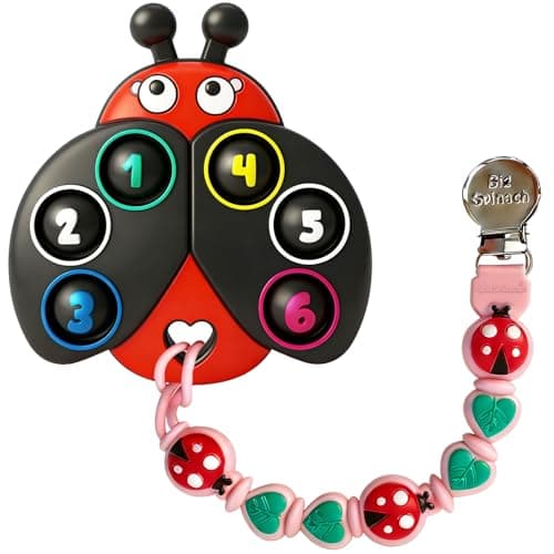 BIGSPINACH Teething Toy & Pacifier Clip Set,Ladybug Pop-It Teether & Pacifier Hold,Multi-Textured Chew Toy with Number Buttons for Early Learning, Baby Teething Relief (Black+Pink) - Image 1