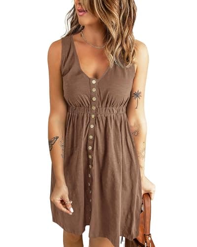 BTFBM Summer Dresses for Women 2026 Spring Clothes Sleeveless Crewneck Beach Vacation Outfits Mini Flowy Sun Dress(Buttons Dark Khaki, X-Large) - Image 1
