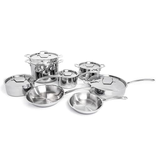 BergHOFF Professional Tri-ply 18/10 Stainless Steel 13Pc Cookware Set With Matching Lid Safe Grip Handle Induction Cooktop Measurement Markings Inside Fast & Even Heat Oven Safe Dishwasher Safe