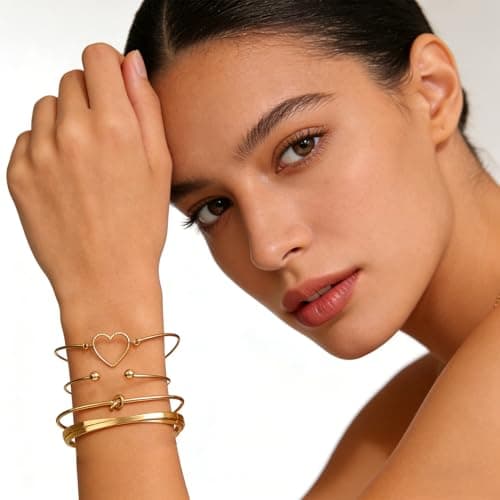 Alegend Bracelets Sets 14K Gold Plated Chic Stackable Bold Bangle Heart-Shaped Unique Four-Layered Design - Thumbnail 3