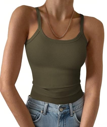 GKBK 2026 Summer Spaghetti Strap Tops for Women Scoop Neck Ribbed Knit Going Out Teen Girls Y2K Crop Clothes Army Green L - Image 1