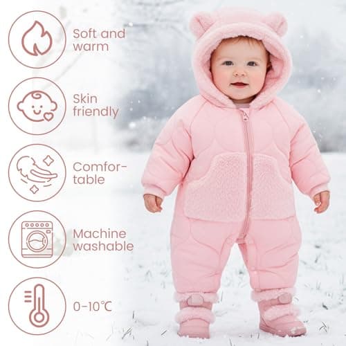 JiAmy Baby Snowsuit Winter Romper Hooded Boys Girls Jumpsuit Bear Thick Windproof Cap Infant Winter Clothes 12-18 Months Pink - Thumbnail 2