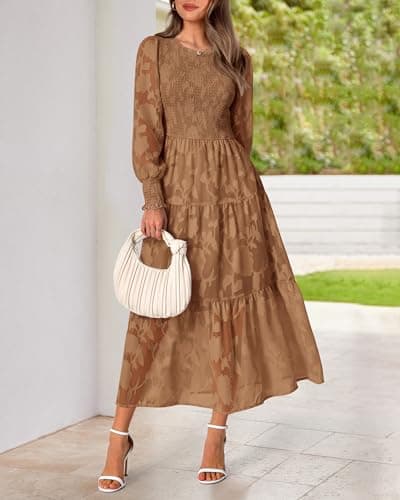 BTFBM Wedding Guest Dresses for Women Fall Fashion 2025 Casual Long Sleeve Floral Maxi Boho Homecoming Dress(Coffee,XX-Large) - Thumbnail 4