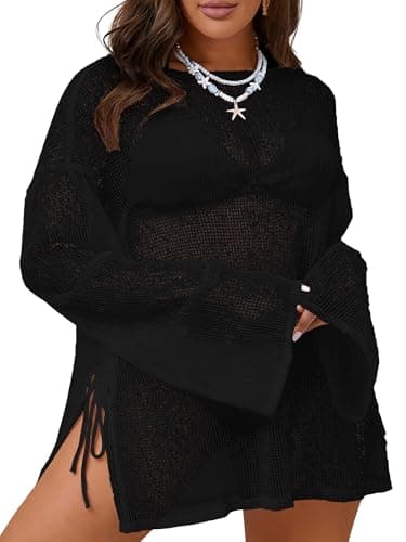 MK Shop Limited Plus Size Swimsuit Coverup for Women Sexy Crochet Bathing Suit Cover Up Mesh Sheer Summer Curvy Kaftan Beach Dress 2026 Black XL - Image 1